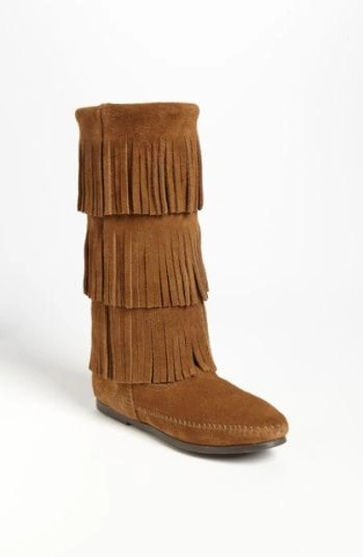 Shop Minnetonka 3-layer Fringe Boot In Grey Suede