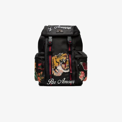 Shop Gucci Black Tiger Embroidered Backpack