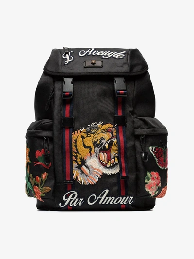 Shop Gucci Black Tiger Embroidered Backpack