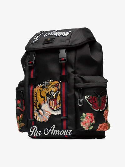 Shop Gucci Black Tiger Embroidered Backpack