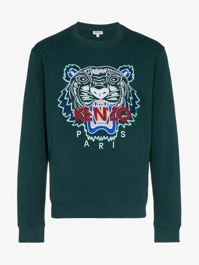 Shop Kenzo Tiger Embroidered Cotton Sweatshirt In Green