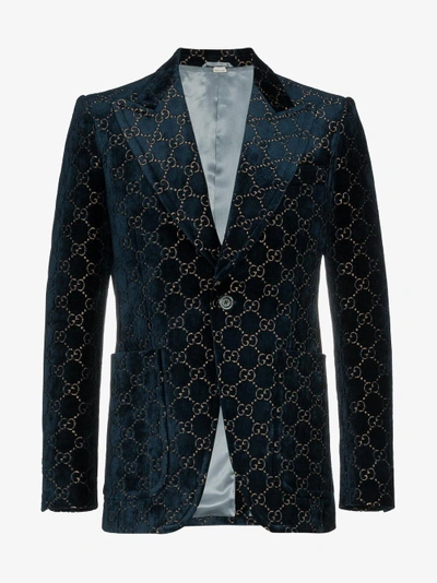 Shop Gucci Logo Jacquard Cotton Blend Velvet Blazer In Blue