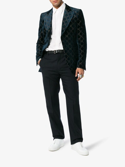 Shop Gucci Logo Jacquard Cotton Blend Velvet Blazer In Blue