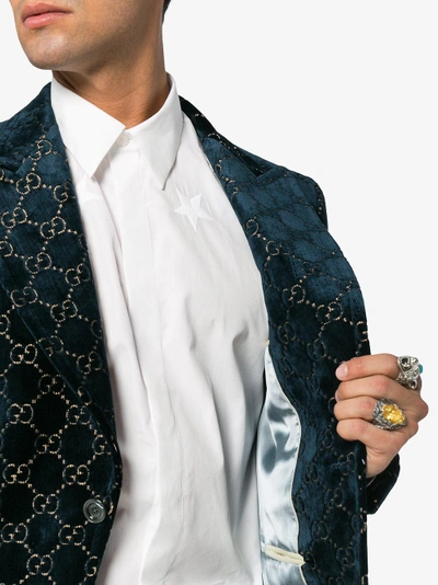 Shop Gucci Logo Jacquard Cotton Blend Velvet Blazer In Blue