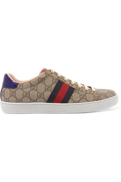 Shop Gucci Ace Gg Supreme Metallic Watersnake-trimmed Logo-print Coated-canvas Sneakers In Beige