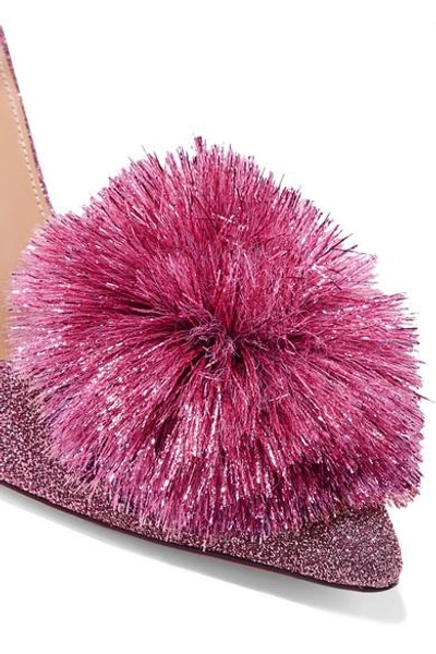 Shop Aquazzura Powder Puff Pompom-embellished Lurex Slingback Pumps In Purple