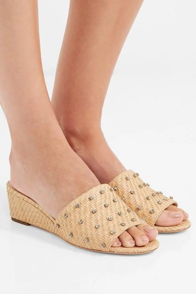 Shop Loeffler Randall Tilly Crystal-embellished Woven Raffia Wedge Sandals