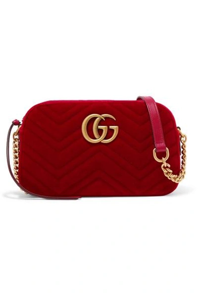Shop Gucci Gg Marmont Small Quilted Velvet Shoulder Bag In Red