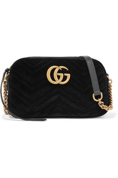 Shop Gucci Gg Marmont Small Leather-trimmed Quilted Velvet Shoulder Bag In Black