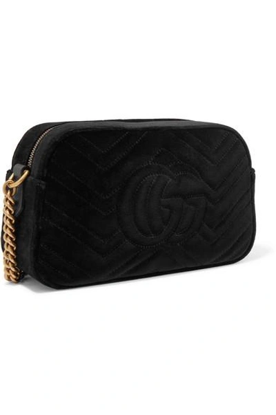 Shop Gucci Gg Marmont Small Leather-trimmed Quilted Velvet Shoulder Bag In Black