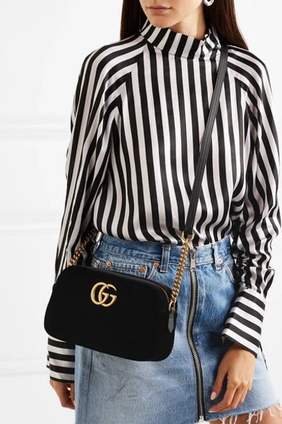 Shop Gucci Gg Marmont Small Leather-trimmed Quilted Velvet Shoulder Bag In Black