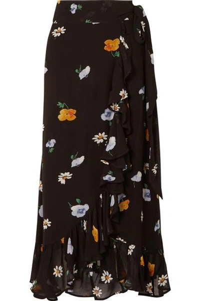 Shop Ganni Floral-print Crepe De Chine Wrap Skirt In Black