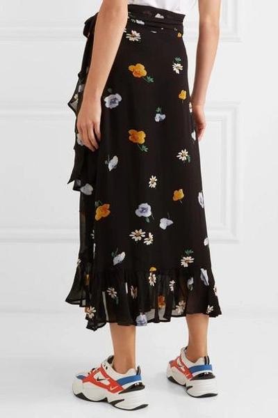 Shop Ganni Floral-print Crepe De Chine Wrap Skirt In Black