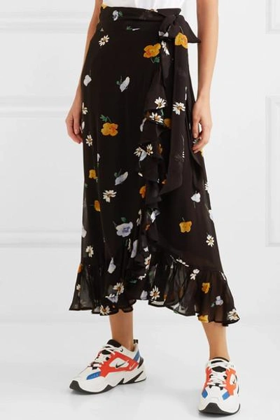 Shop Ganni Floral-print Crepe De Chine Wrap Skirt In Black