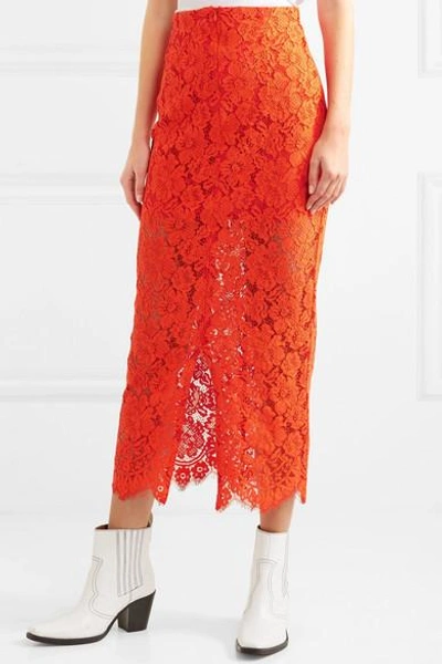 Shop Ganni Lace Midi Skirt In Red