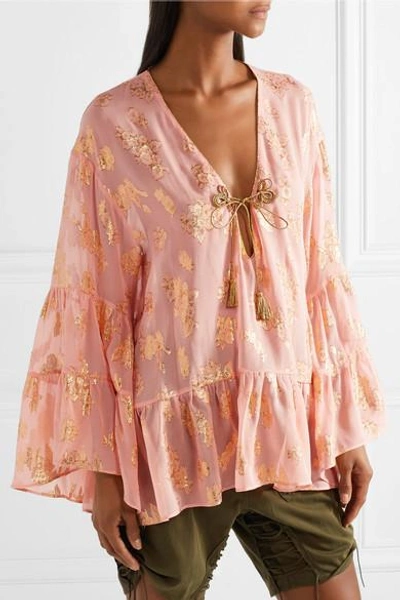 Shop Dundas Metallic Fil Coupé Silk-blend Chiffon Top In Peach