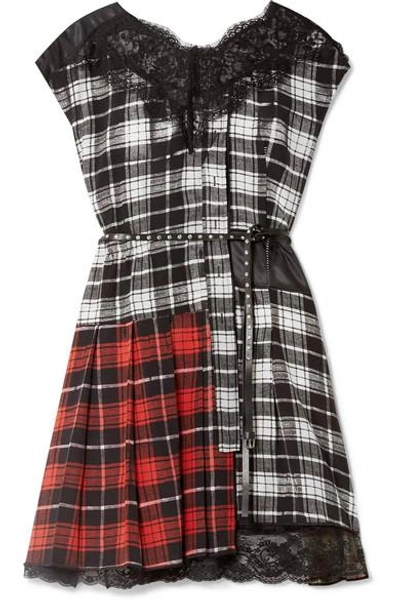 Shop Marc Jacobs Lace-trimmed Plaid Silk-chiffon And Shell Mini Dress In Black