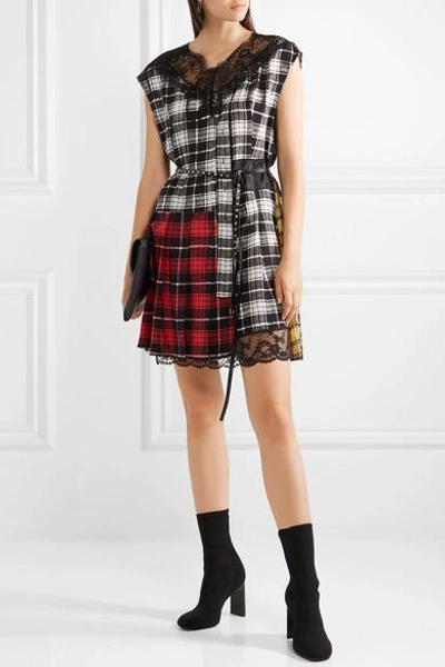 Shop Marc Jacobs Lace-trimmed Plaid Silk-chiffon And Shell Mini Dress In Black