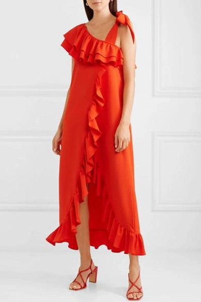 Shop Ganni Ruffled Stretch-crepe Maxi Dress In Tomato Red
