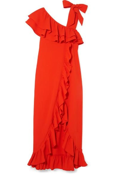 Shop Ganni Ruffled Stretch-crepe Maxi Dress In Tomato Red