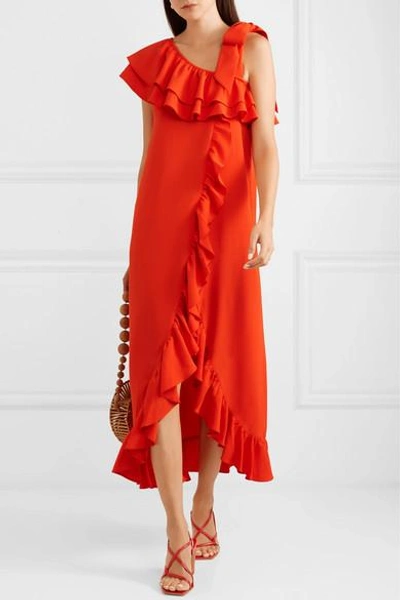Shop Ganni Ruffled Stretch-crepe Maxi Dress In Tomato Red