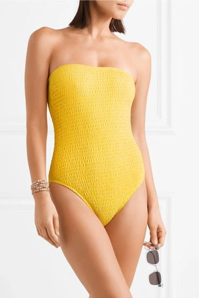 Shop Diane Von Furstenberg Shirred Bandeau Swimsuit In Yellow