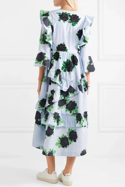 Shop Ganni Ruffled Embellished Gingham Cotton Midi Dress In Sky Blue