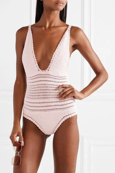 Shop She Made Me Lalita Crocheted Cotton Swimsuit In Pastel Pink