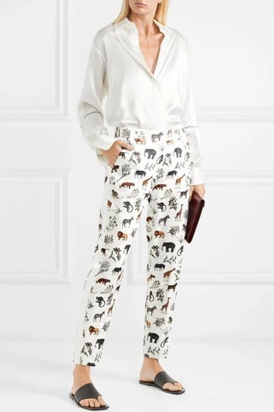 Shop Victoria Victoria Beckham Printed Satin-twill Pants In White