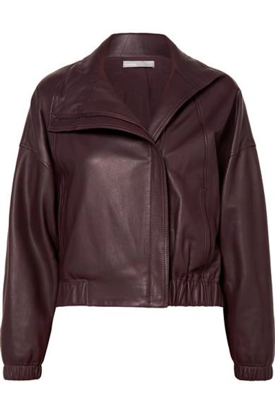 Shop Vince Leather Bomber Jacket In Burgundy