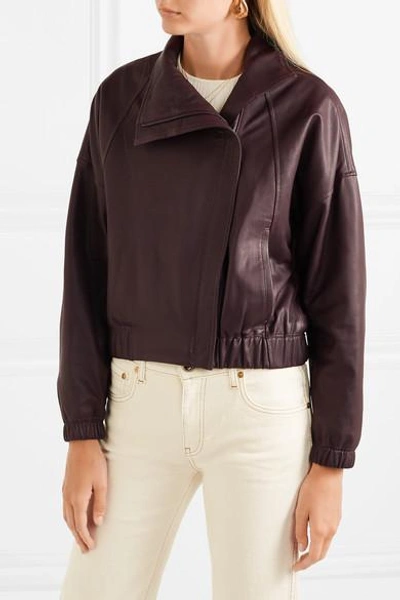 Shop Vince Leather Bomber Jacket In Burgundy