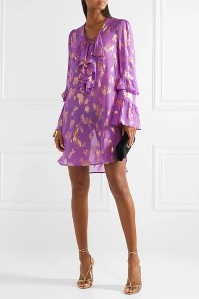Shop Dundas Lace-up Metallic Fil Coupé Silk-blend Chiffon Mini Dress In Purple