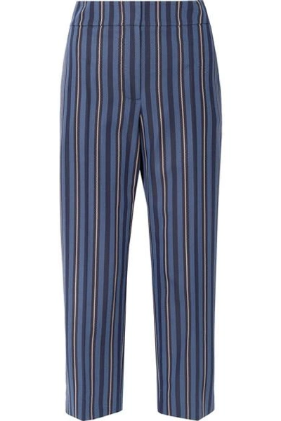 Shop Burberry Cropped Striped Wool-blend Jacquard Straight-leg Pants In Navy