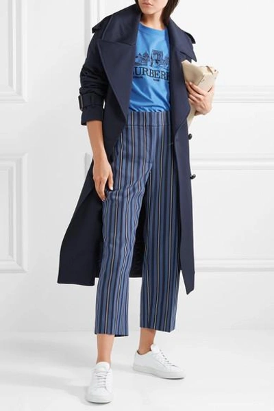 Shop Burberry Cropped Striped Wool-blend Jacquard Straight-leg Pants In Navy