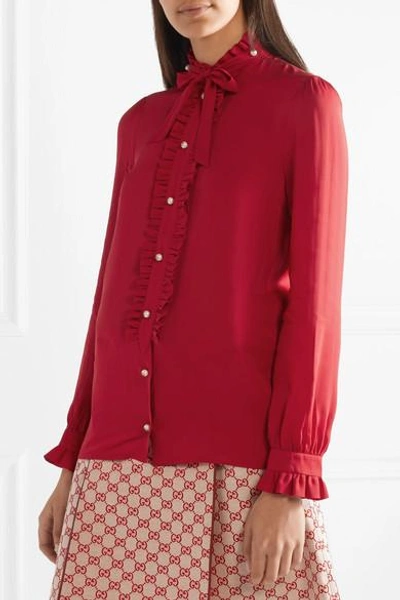 Shop Gucci Embellished Ruffled Silk Crepe De Chine Blouse