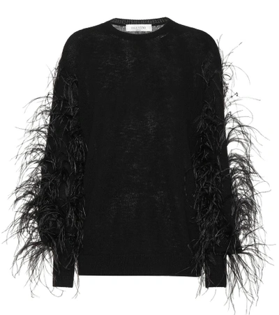 Shop Valentino Feather-trimmed Sweater In Black