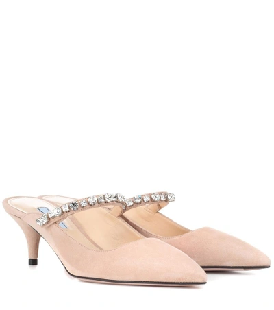 Shop Prada Embellished Suede Mules In Pink