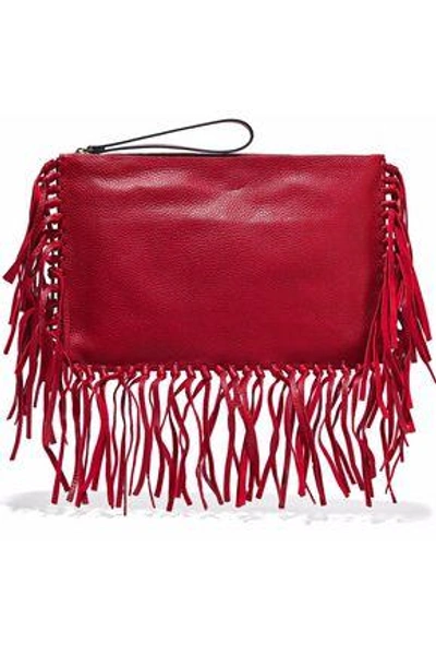 Shop Valentino Garavani Woman Fringe-trimmed Pebbled-leather Clutch Red