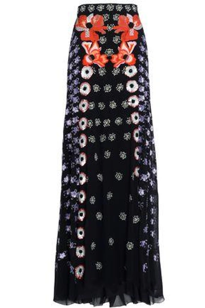 Shop Temperley London Woman Sequin-embellished Embroiderd Silk-crepe Maxi Skirt Black