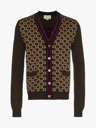 Shop Gucci Square G Cardigan With Tiger In Brown