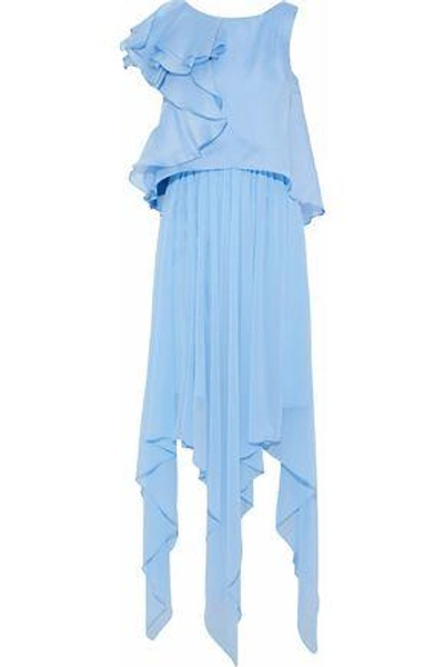 Shop Badgley Mischka Woman Layered Ruffled Satin And Silk-chiffon Gown Light Blue