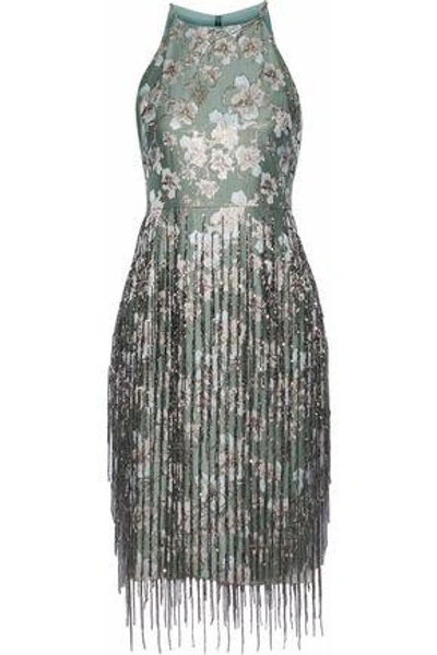 Shop Badgley Mischka Woman Fringed Bead-embellished Brocade Dress Light Green