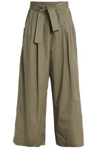 Shop Tome Woman Belted Cotton-twill Wide-leg Pants Army Green