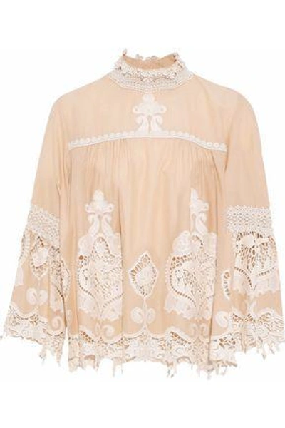Shop Anna Sui Woman Crochet-paneled Embroidered Cotton Blouse Neutral
