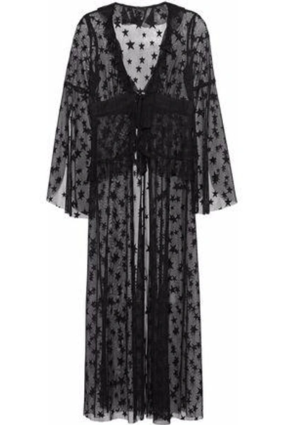 Shop Anna Sui Woman Ruffle-trimmed Embroidered Mesh Robe Black