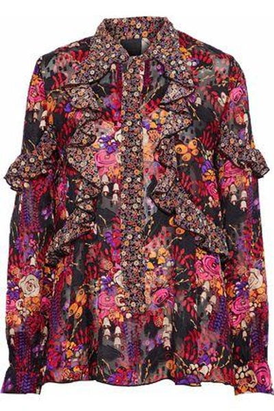 Shop Anna Sui Woman Ruffled Floral-print Silk-jacquard Blouse Multicolor