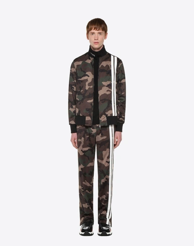 Shop Valentino Camouflage Trousers With Contrast Stripes Man Military Green Polyester 100% 52