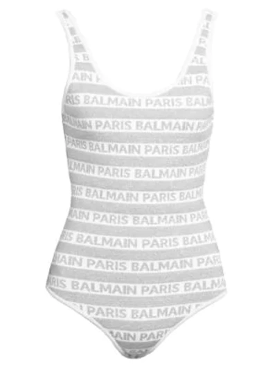 Shop Balmain Paris Striped Bodysuit In Grey