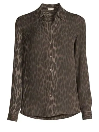 Shop L Agence Nina Leopard Print Long Sleeve Silk Blouse In Dark Olive Multi