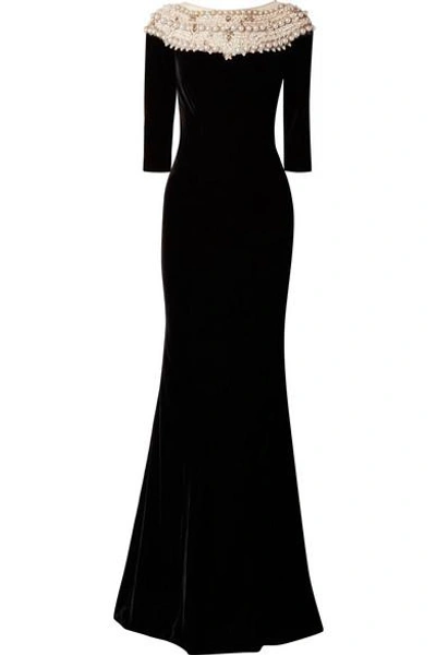 Shop Marchesa Embellished Tulle-trimmed Velvet Gown In Black